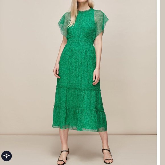 WHISTLES Green Midi Sketched Floral Frill Dress Chiffon US 2 Small RRP $339 - Picture 1 of 7